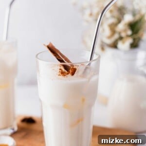 A glass of horchata with ice, ready to be enjoyed.