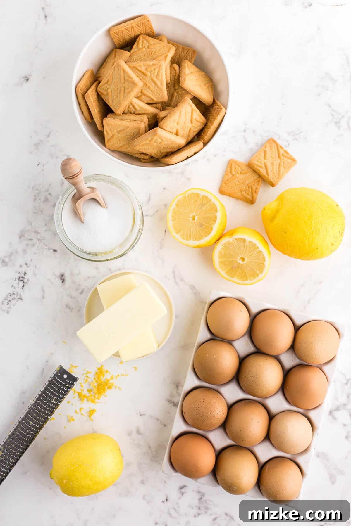 Bright Lemon Tart 3 A flat lay photograph showcasing all the fresh, essential ingredients required for making a homemade lemon tart, including bright yellow lemons, farm-fresh eggs, creamy butter, and crispy shortbread cookies, neatly arranged on a clean white background.