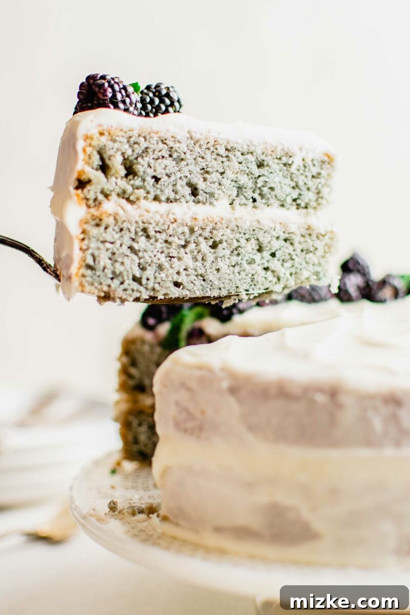 Decadent Blackberry Cream Cheese Cake 3 A slice of moist blackberry cake, revealing its delicate layers and purple hues, is being carefully removed from the rest of the cake.
