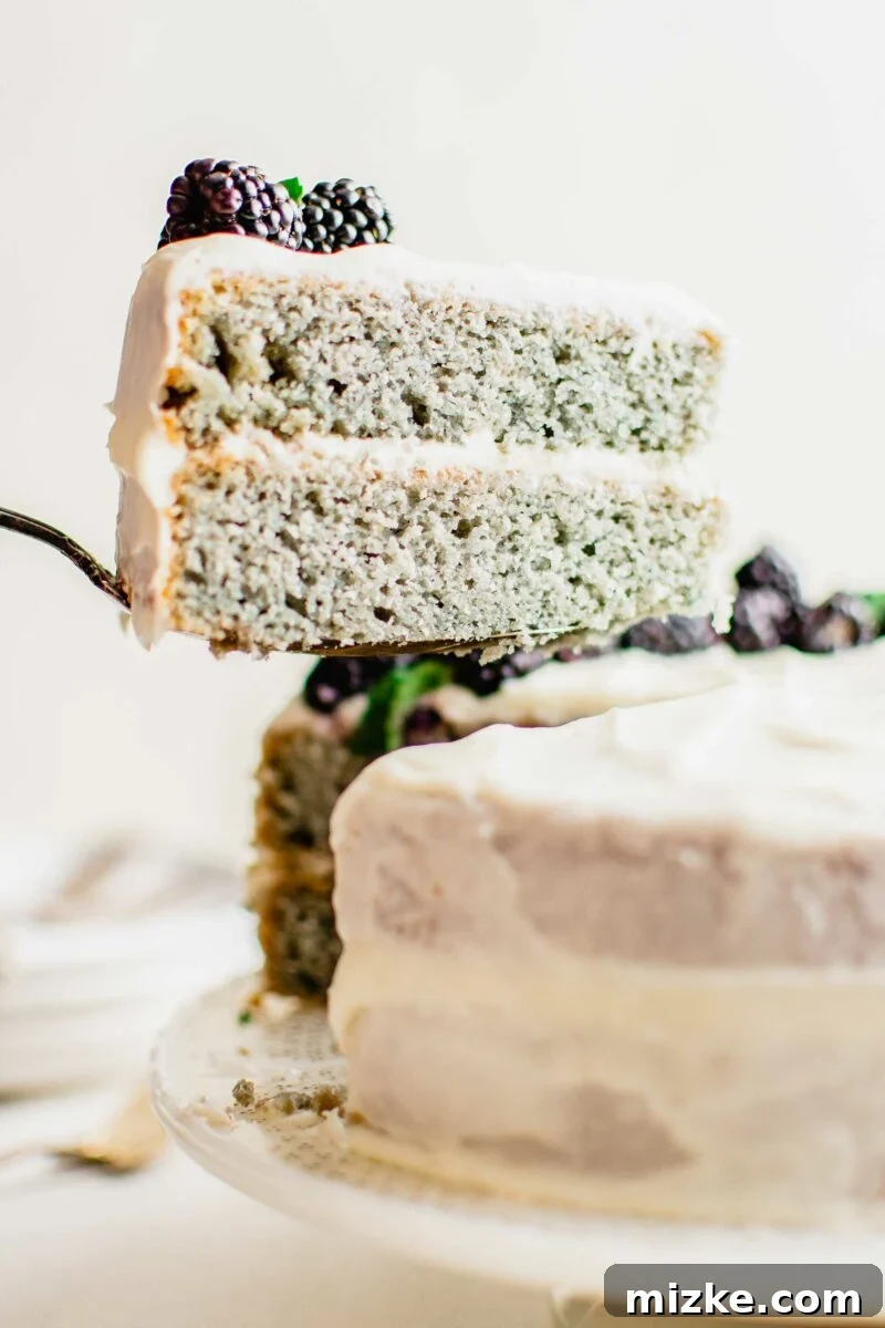 A perfectly baked slice of blackberry cake being carefully removed from the whole cake, revealing its moist, layered interior.