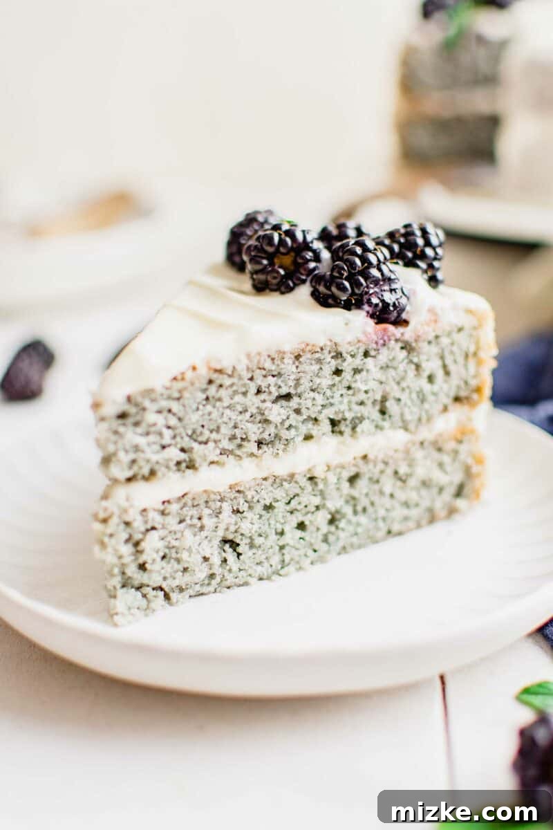 Decadent Blackberry Cream Cheese Cake 4 A beautifully layered blackberry cake, frosted with cream cheese, is elegantly presented on a clean white plate, ready to be enjoyed.