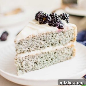 A frosted blackberry cake is garnished with blackberries.