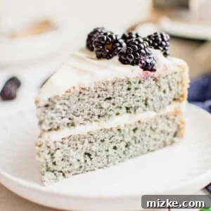 A round homemade blackberry cake with cream cheese frosting, ready to be served and enjoyed.