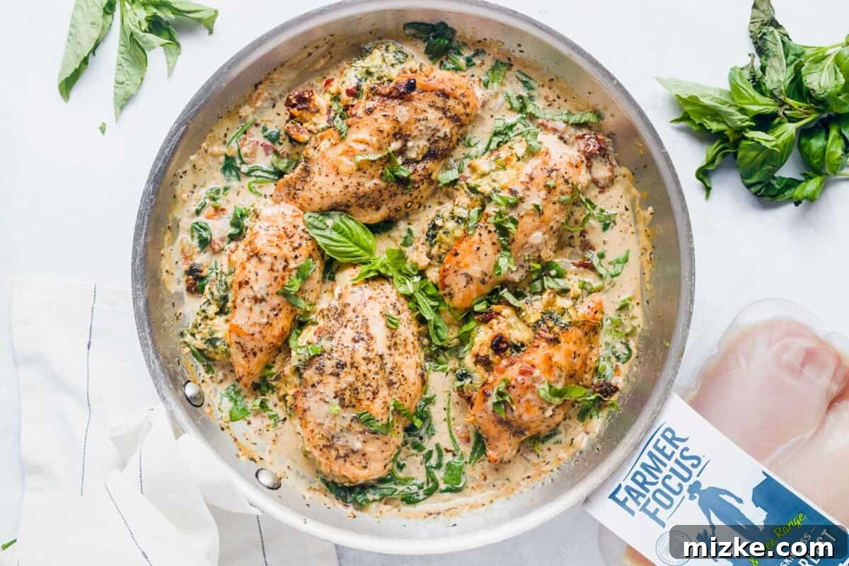 Sun-Kissed Tomato and Spinach Stuffed Chicken 4 A cast iron skillet showcasing beautifully cooked, golden-brown stuffed chicken breasts simmering in a rich, white creamy sauce.