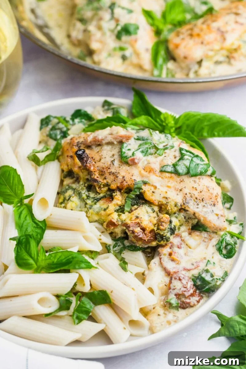 Sun-Kissed Tomato and Spinach Stuffed Chicken 7 A beautifully plated stuffed chicken breast served in a white bowl with al dente penne pasta, generously coated in the creamy sauce and garnished with fresh basil leaves.