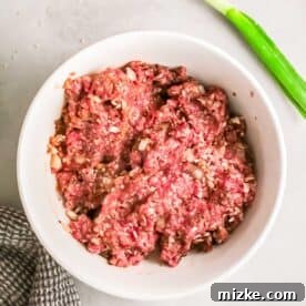 Steppe-Style Meatballs 5 Ground beef mixed together with onions and other seasonings in a bowl, ready for forming into meatballs.
