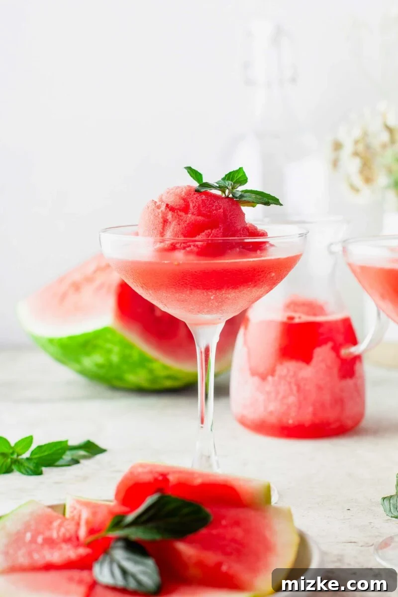 A glass of Watermelon Frosé is garnished with a fresh mint sprig, ready to be enjoyed on a hot summer day.