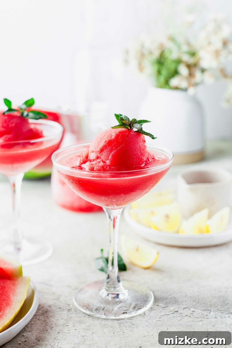 A martini glass is perfectly filled with a vibrant Watermelon Frosé, showcasing its beautiful pink hue.