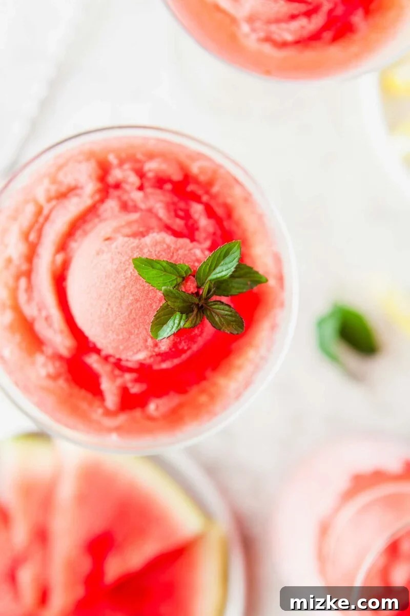 A mint sprig is placed perfectly atop a glass of frosé.