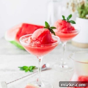 A close-up shot of a glass of Watermelon Frosé, perfectly blended and garnished, ready to be enjoyed.