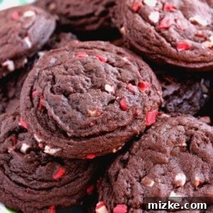 A festive image of freshly baked Chocolate Peppermint Chip Cookies, adorned with peppermint crunch.