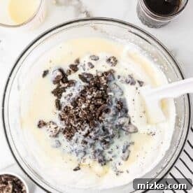 Oreo Cookie Bliss 14 Crushed Oreo cookies being gently mixed into the creamy ice cream base.