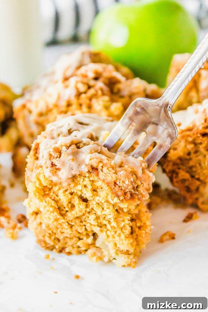 Cider Mill Coffee Cake 3 A fork is gently plunging into a piece of warm apple cider coffee cake, revealing its moist interior and crumble topping.