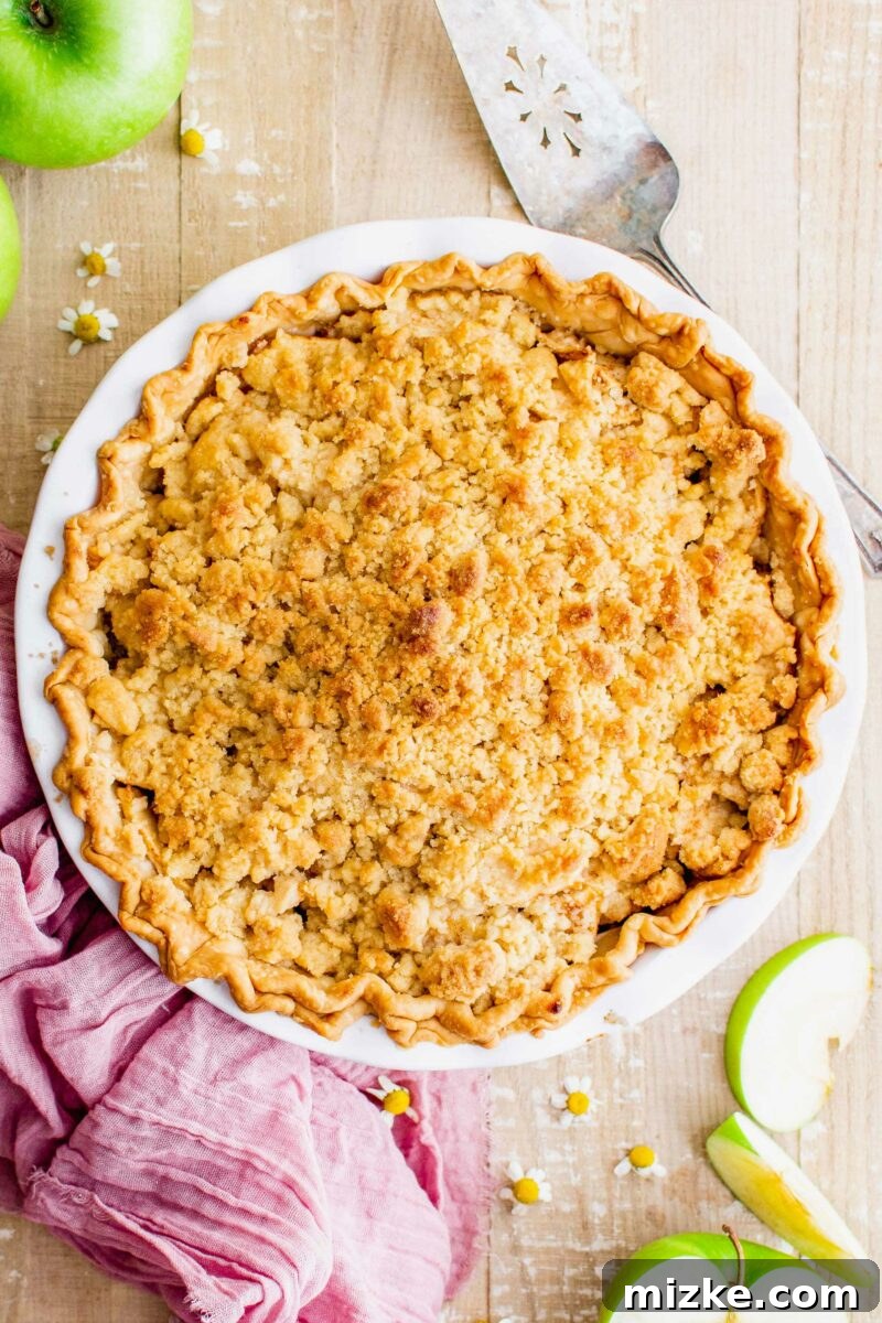 A beautifully baked Dutch apple pie in a white ceramic baking dish, golden-brown streusel topping glistening.