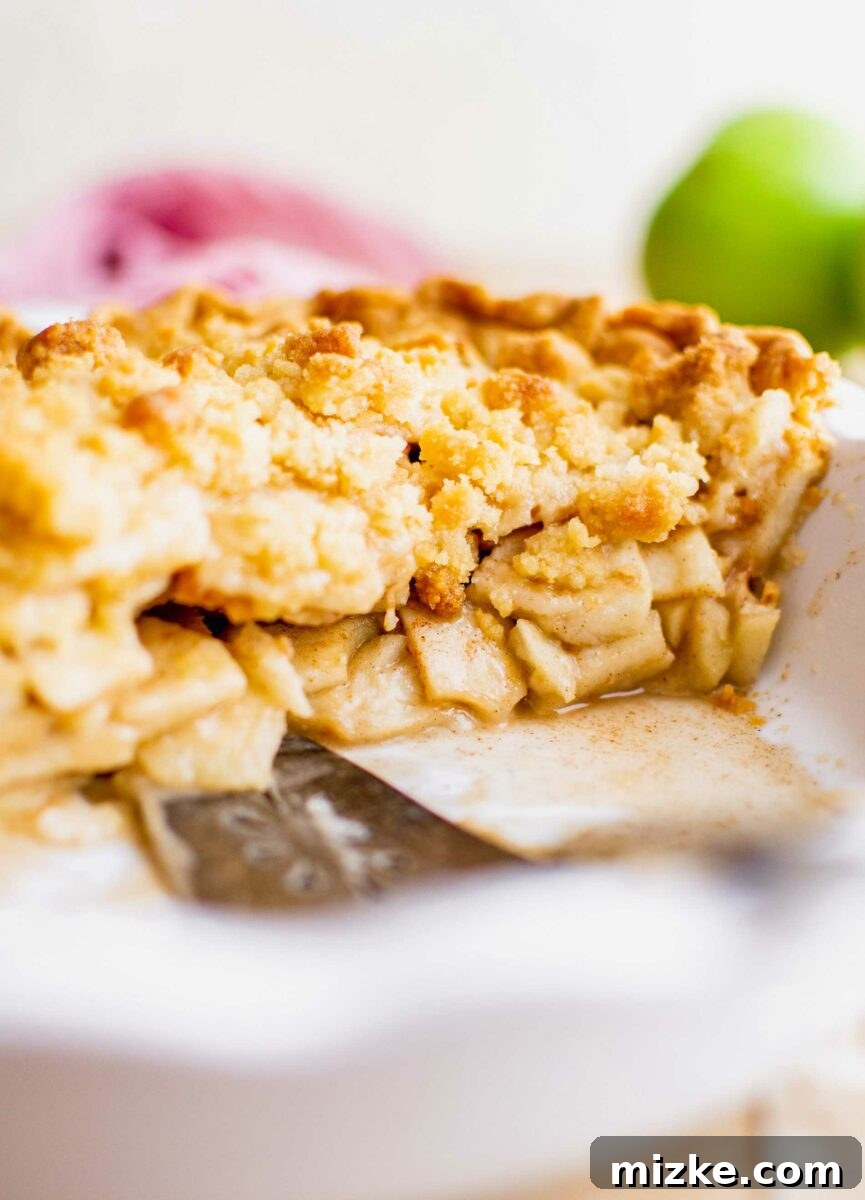 A slice of Dutch apple pie carefully removed from the full pie, showcasing the layers of streusel, apple filling, and crust.