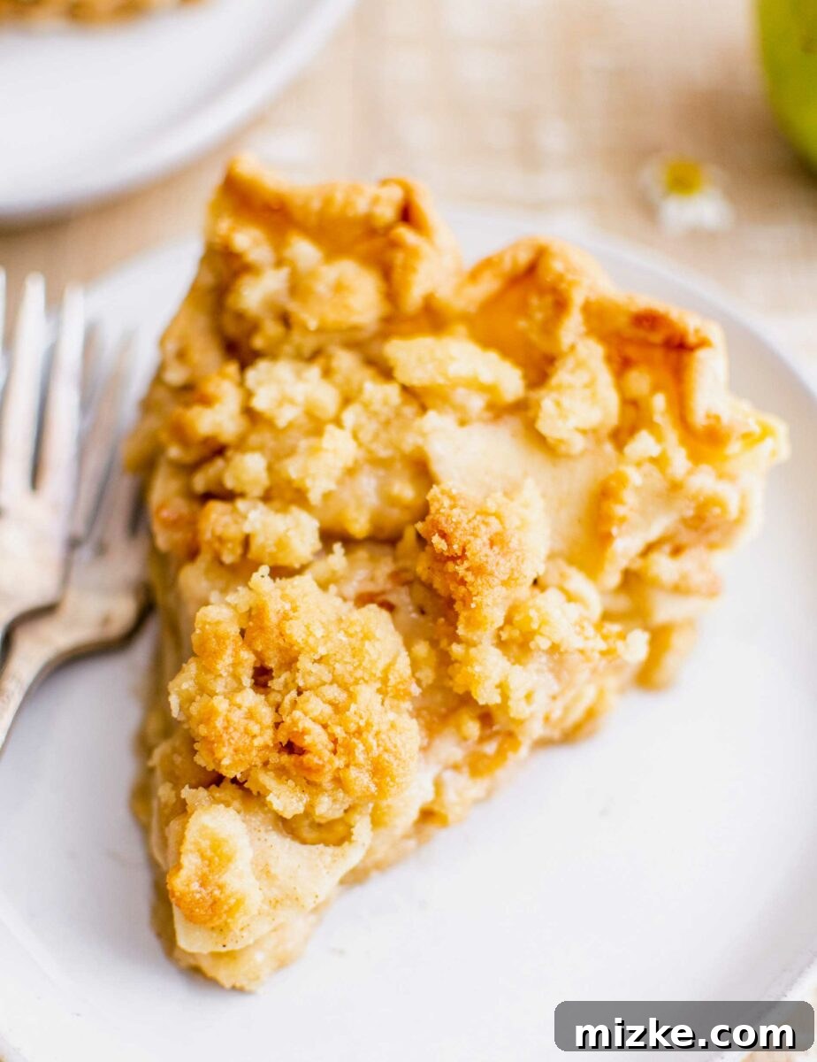 A close-up view of the golden-brown streusel topping baked atop an apple pie, showing its textured, irresistible surface.