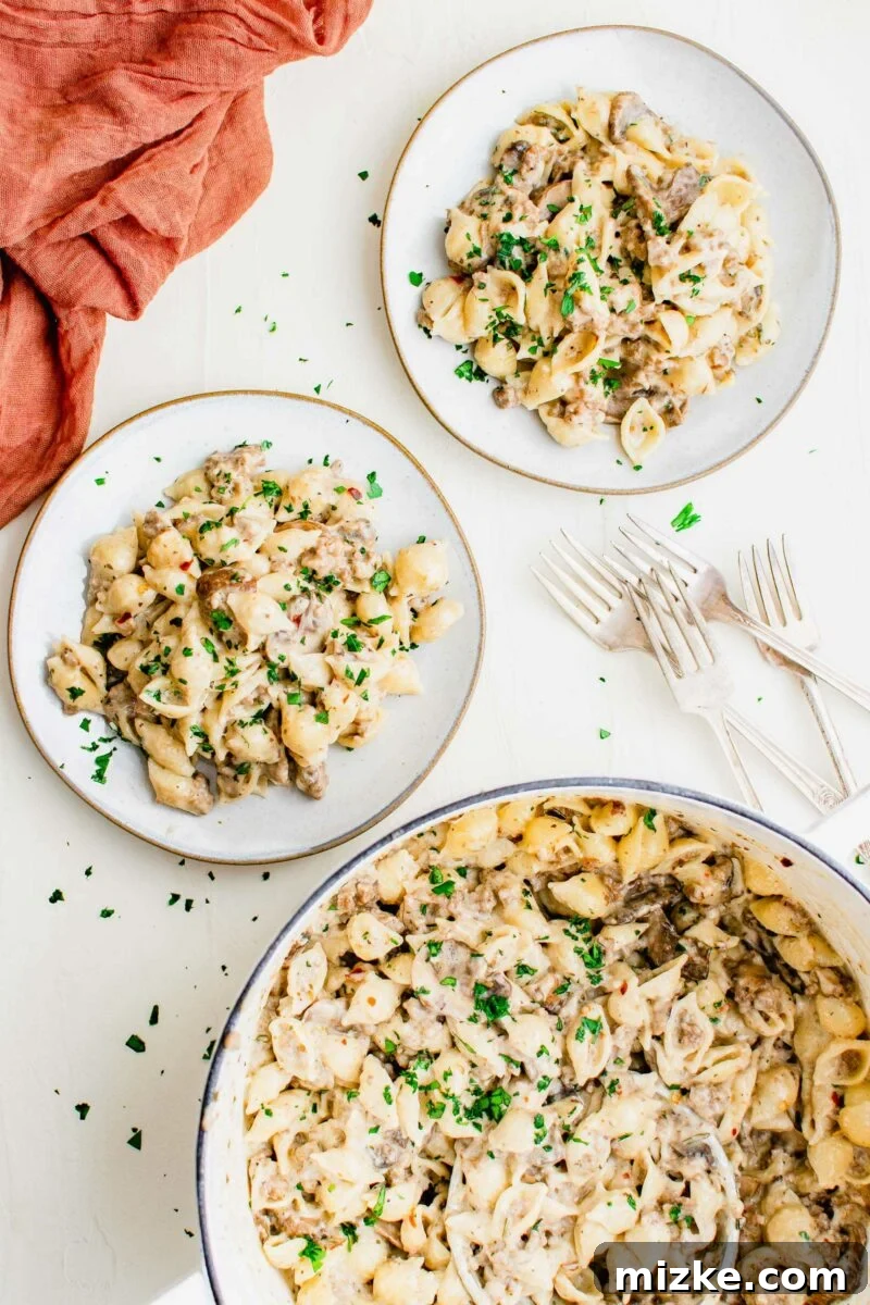 Baked Four Cheese Beef Stuffed Shells 4 Two full plates are placed next to a pot of pasta.
