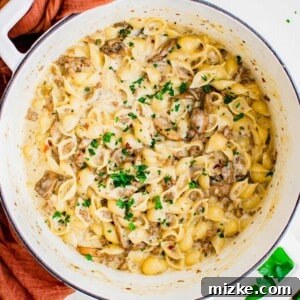 A close-up shot of the Four Cheese Beefy Pasta Shells in a white bowl, garnished with fresh parsley.