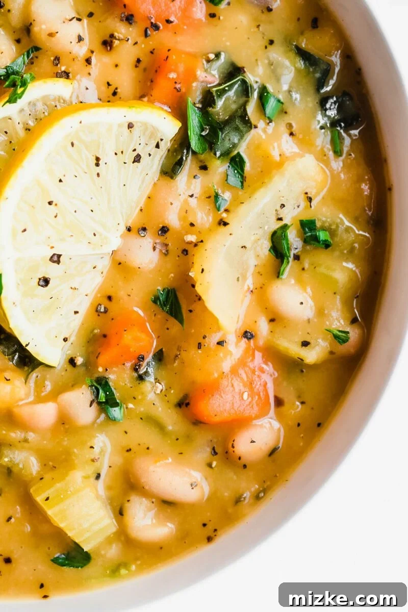 Plant-Based White Bean Comfort Stew 3 A vibrant lemon slice garnishes a full bowl of wholesome vegetable soup, highlighting fresh ingredients.