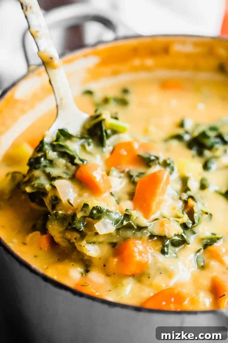 Plant-Based White Bean Comfort Stew 5 A ladle lifts a generous scoop of the hearty, steaming vegan white bean soup from a full pot.