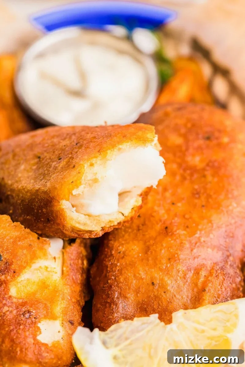 Golden Fried Perfection 6 A piece of fish has been split to reveal a perfectly cooked white center and is placed on top of other pieces of fried fish.