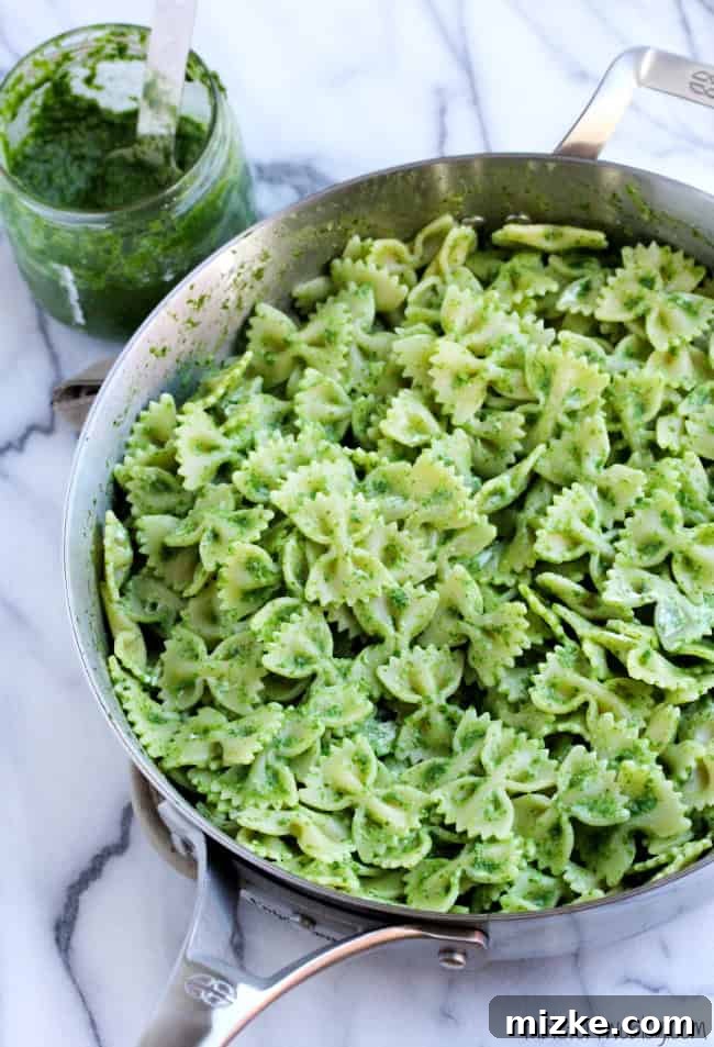 Peppery Arugula Pesto Farfalle with Creamy Goat Cheese 2 Vibrant green arugula pesto bowtie pasta dish
