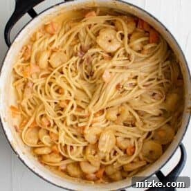 Spicy Cajun Shrimp Skillet Pasta 9 noodles, shrimp, and sauce tossed together in a pot