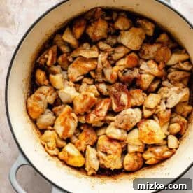 Hearty Chicken and Sausage Gumbo 8 Pieces of boneless, skinless chicken thighs, seasoned with Cajun spices, are beautifully browned in a large pot, ready to be removed and set aside for the next stage of gumbo preparation.