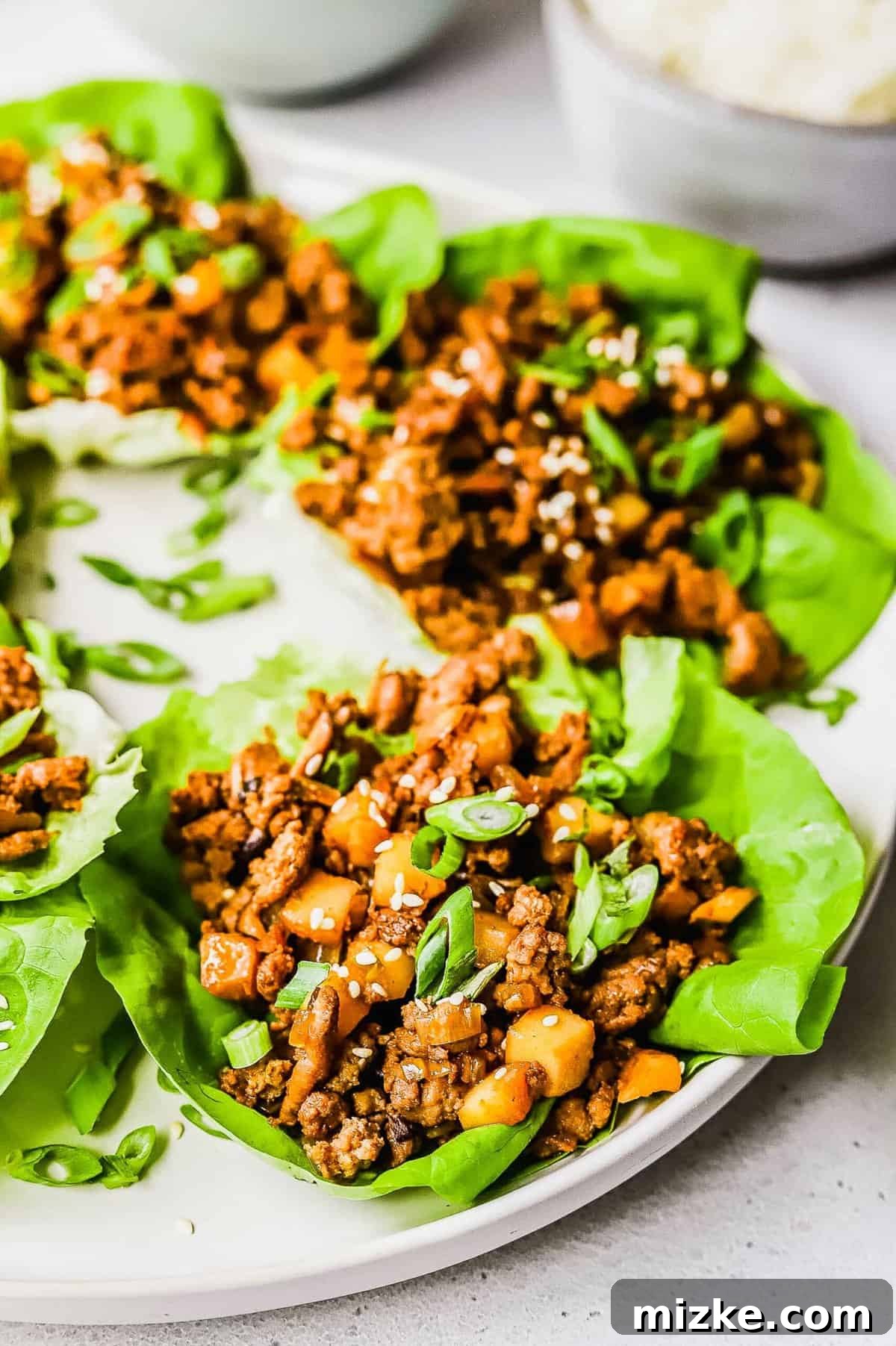 These delectable chicken lettuce wraps feature crisp lettuce, juicy ground chicken, tender shiitake mushrooms, and a signature sweet and tangy sauce! Close-up view of cooked ground chicken, mushrooms, and water chestnuts filling, waiting to be wrapped in lettuce.