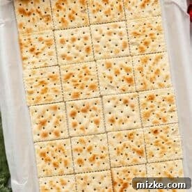 Saltine crackers carefully arranged in a single layer on a parchment-lined baking sheet, forming the base for the toffee