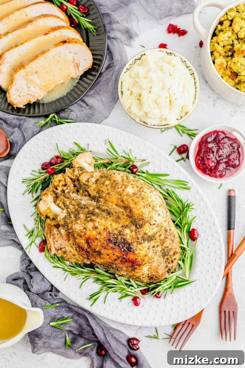 Perfect Instant Pot Turkey Breast 3 A holiday spread featuring tender Instant Pot Turkey Breast served with cranberry sauce, creamy mashed potatoes, and savory stuffing.