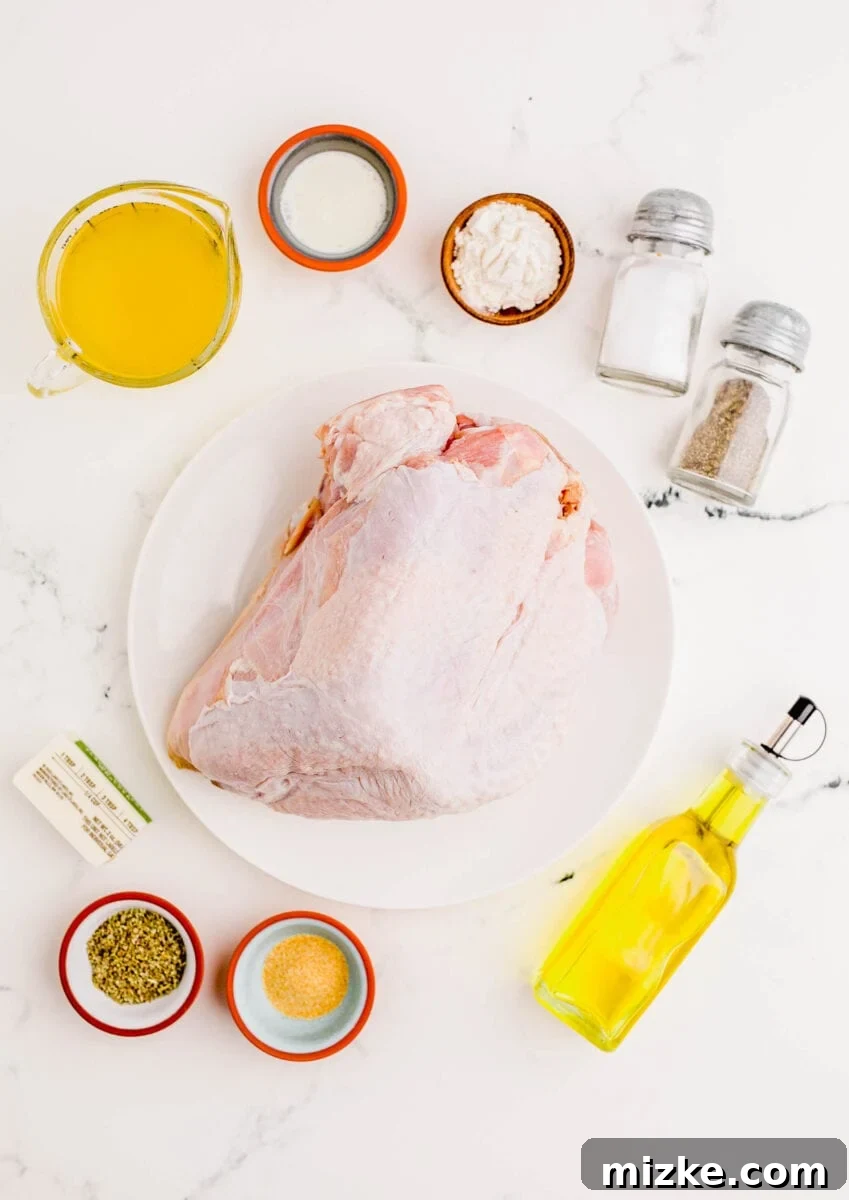 Perfect Instant Pot Turkey Breast 4 Ingredients for a delicious Instant Pot Turkey Breast and gravy, including turkey breast, olive oil, spices, chicken broth, butter, flour, and cream.
