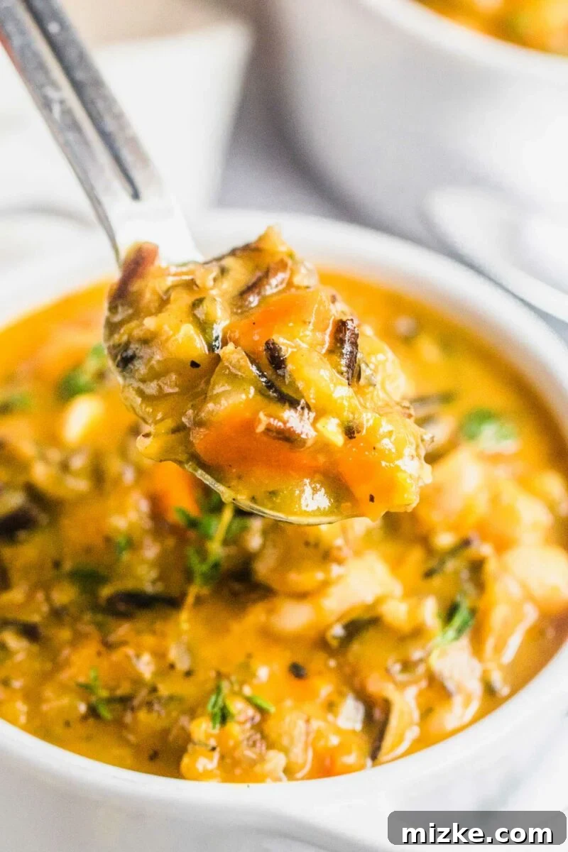 Golden Vegan Pumpkin Wild Rice Harvest Bowl 5 A spoon has lifted a portion of the hearty vegan pumpkin wild rice soup from the pot, showcasing its rich ingredients.
