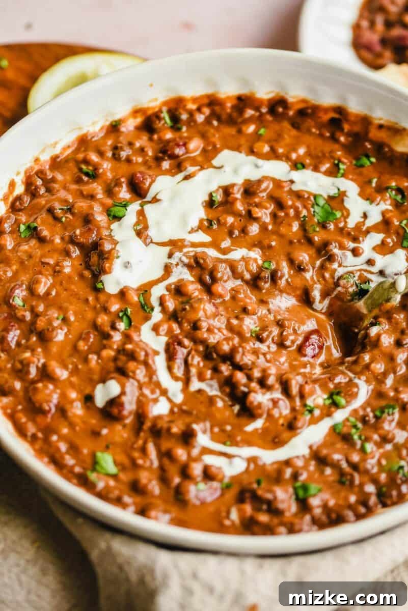 Chopped cilantro is sprinkled across the top of a bowl of dal makhani.