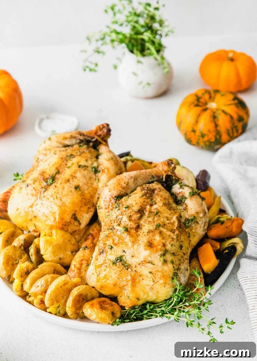 Sheet Pan Thanksgiving: Minimal Effort, Maximum Flavor 4 A beautifully plated Thanksgiving dinner featuring two roasted Cornish hens, artfully arranged with golden smashed potatoes, caramelized root vegetables, and a sprinkle of fresh herbs, ready for a festive table.