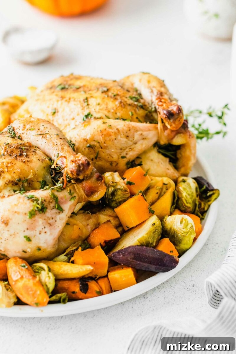 Sheet Pan Thanksgiving: Minimal Effort, Maximum Flavor 5 A close-up view of roasted root vegetables, including carrots, Brussels sprouts, and butternut squash, cooked to perfection on a sheet pan alongside golden-brown Cornish hens.