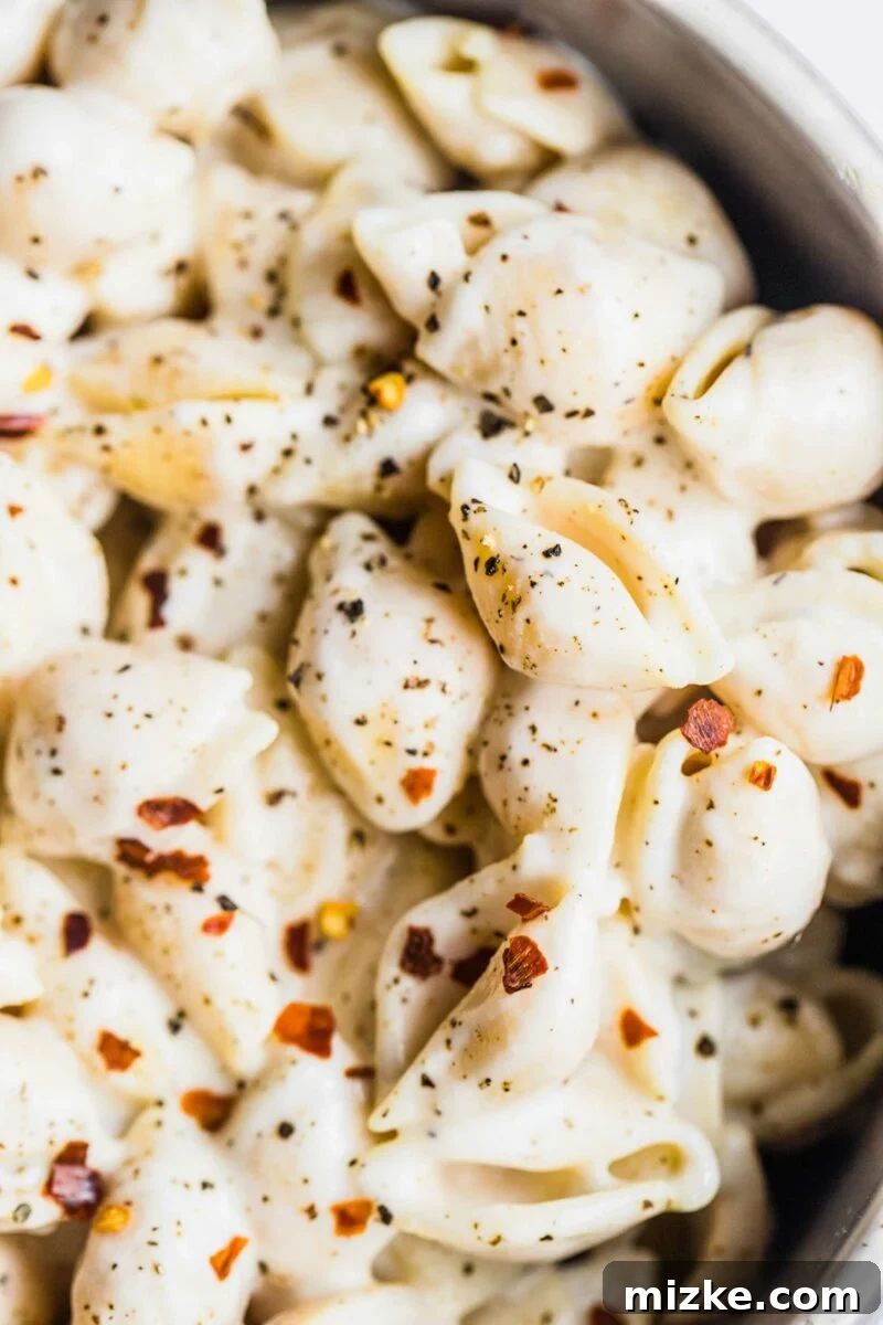 Velvety Vegan Pasta Shells 3 Red pepper flakes and black pepper are delicately sprinkled on top of a serving of creamy vegan pasta shells, enhancing its visual appeal and flavor.