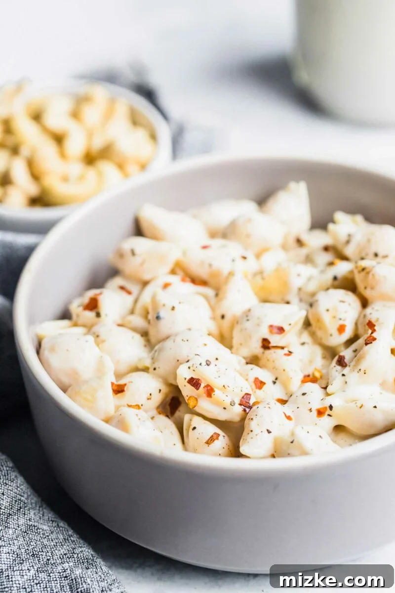 Velvety Vegan Pasta Shells 6 A minimalist shot of a round white bowl filled with perfectly seasoned, creamy pasta.