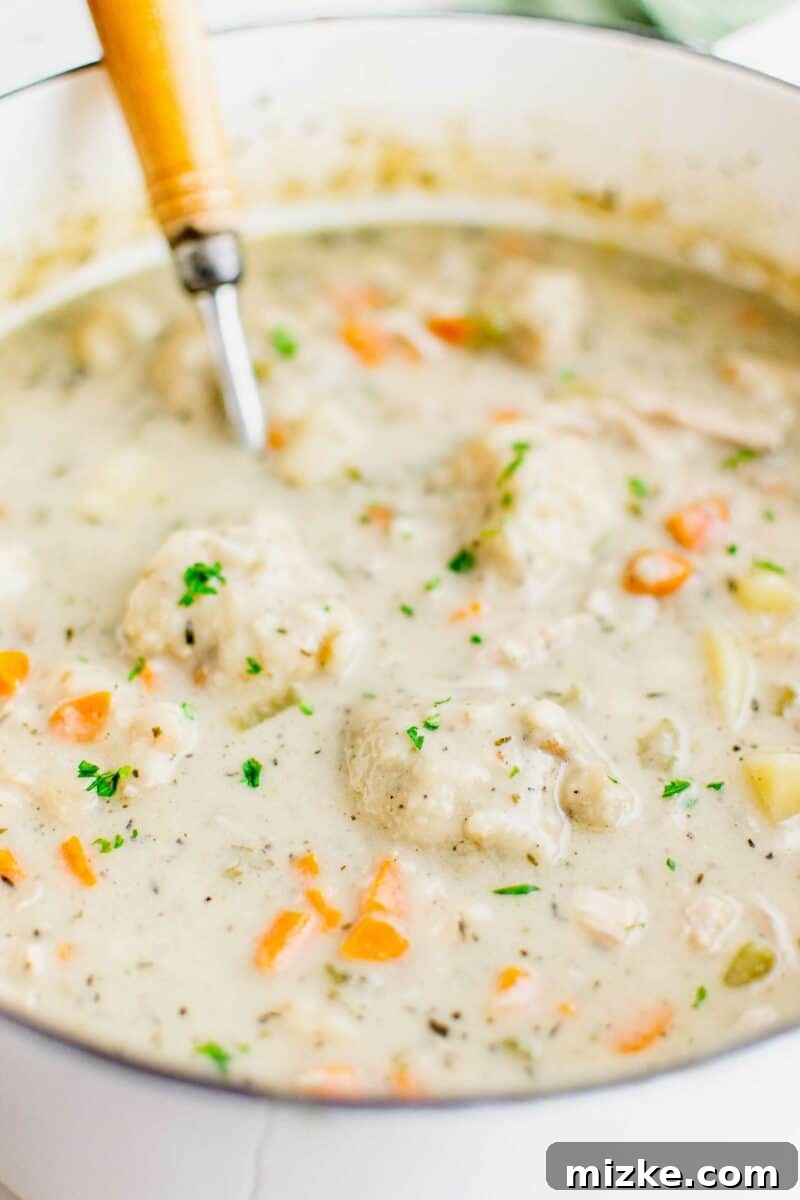 Hearty Leftover Turkey Dumpling Soup 2 A ladle is placed in a large pot full of creamy soup topped with fresh herbs.