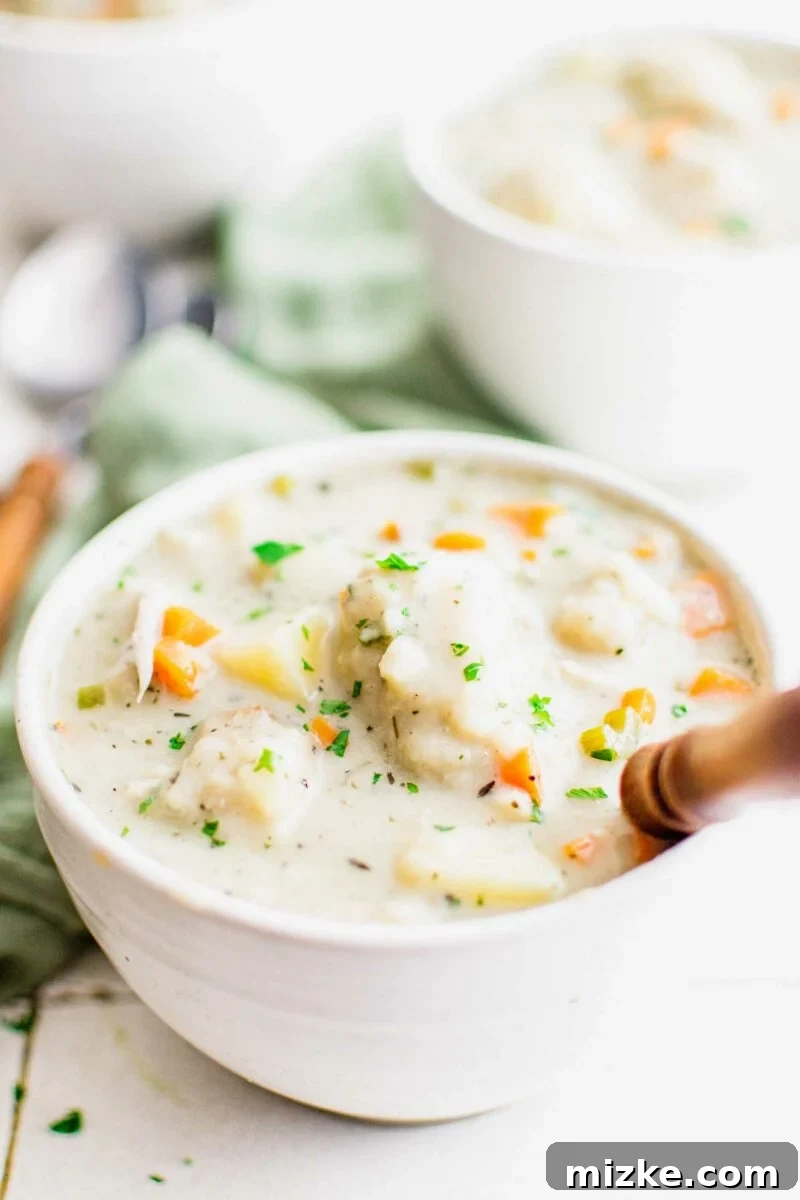 Hearty Leftover Turkey Dumpling Soup 6 A spoon is placed in a bowl full of soup.