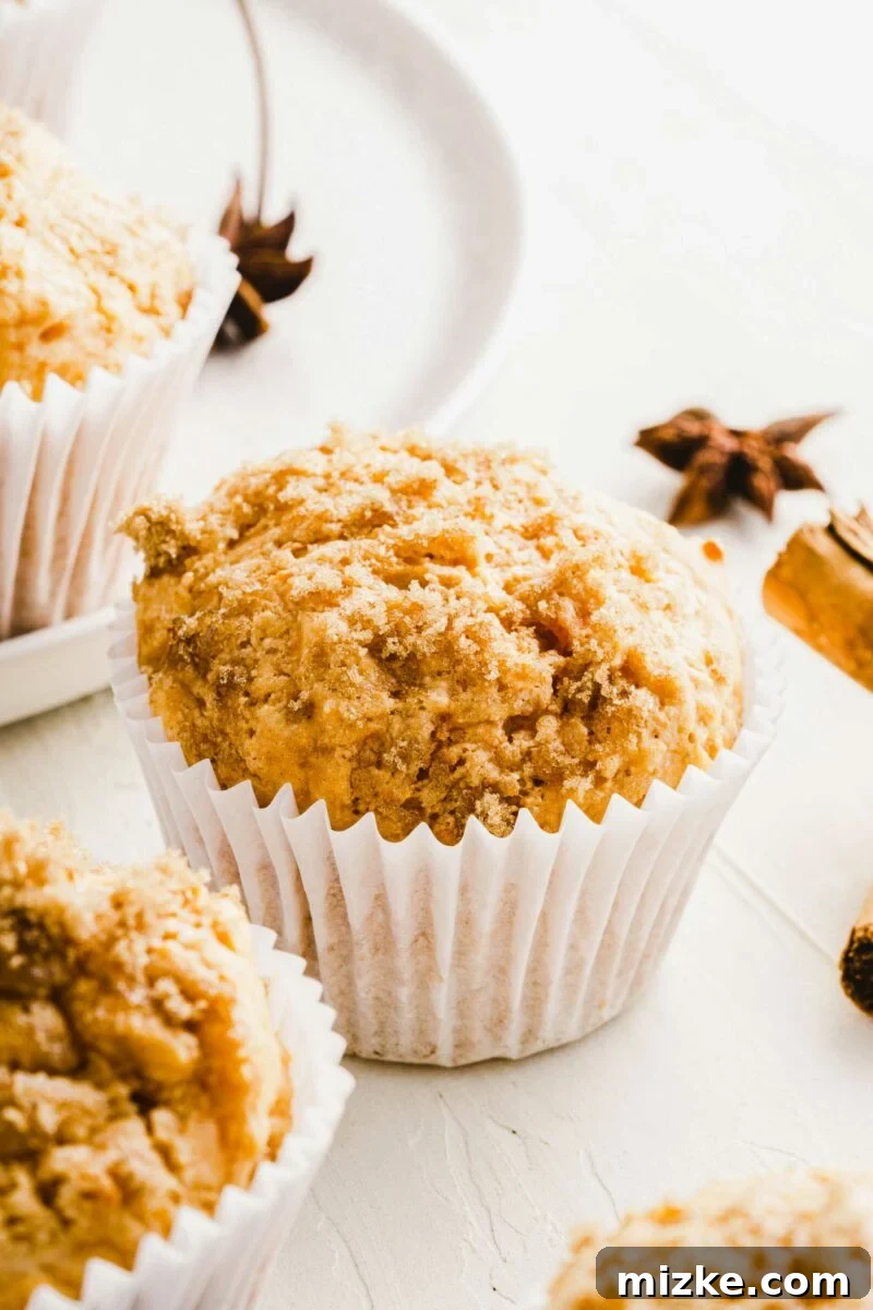Golden Spiced Sweet Potato Muffins 4 A single, perfectly baked sweet potato muffin, generously topped with glistening brown sugar, is presented on a pristine white surface, highlighting its inviting texture.