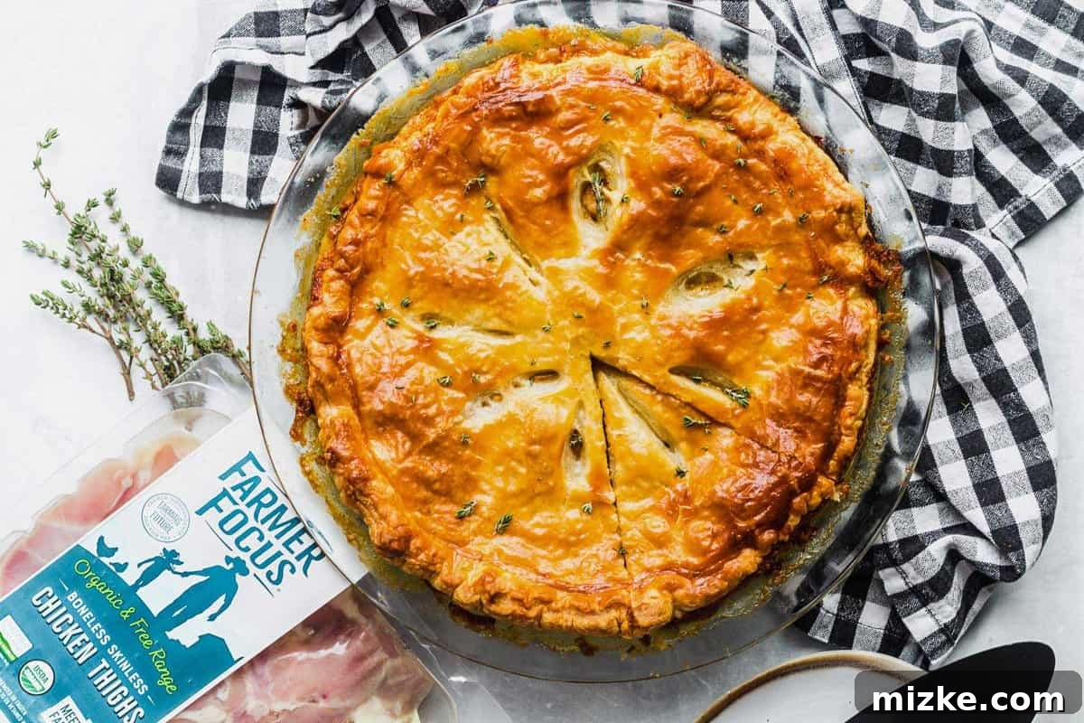 Golden-Baked Cheesy Chicken & Broccoli Pot Pie 3 Overhead view of a golden-crusted chicken broccoli pot pie in a baking dish, with Farmer Focus chicken thighs visible in the filling