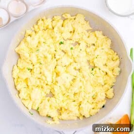 Eggs scrambled in a large skillet