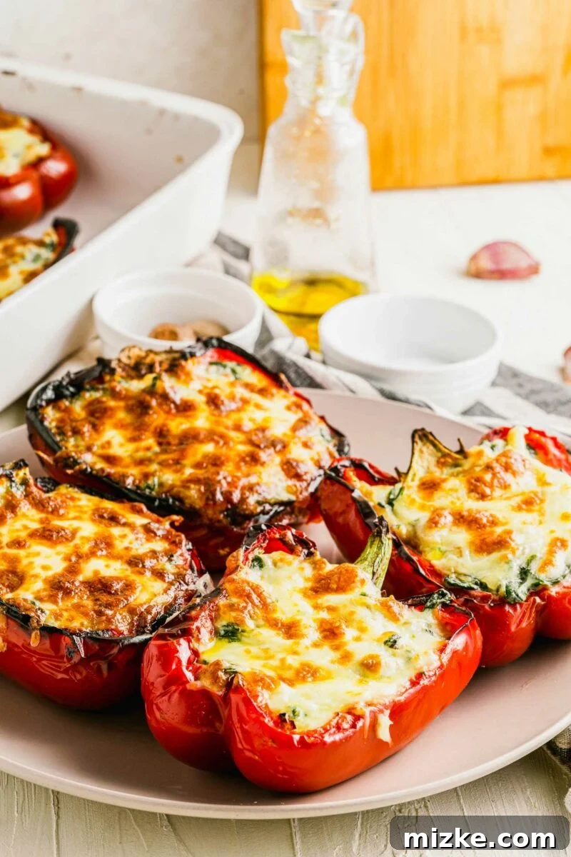 Three cooked red bell peppers, expertly stuffed with a cheesy spinach and ricotta mixture, are elegantly arranged on a pristine white plate, with a textured tea cloth softly blurred in the background.