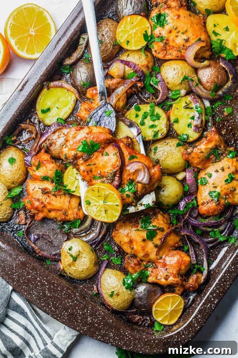Zesty Meyer Lemon One-Pan Roasted Chicken 2 A perfectly cooked chicken thigh being lifted from a sheet pan, surrounded by caramelized Meyer lemons and savory red onions.