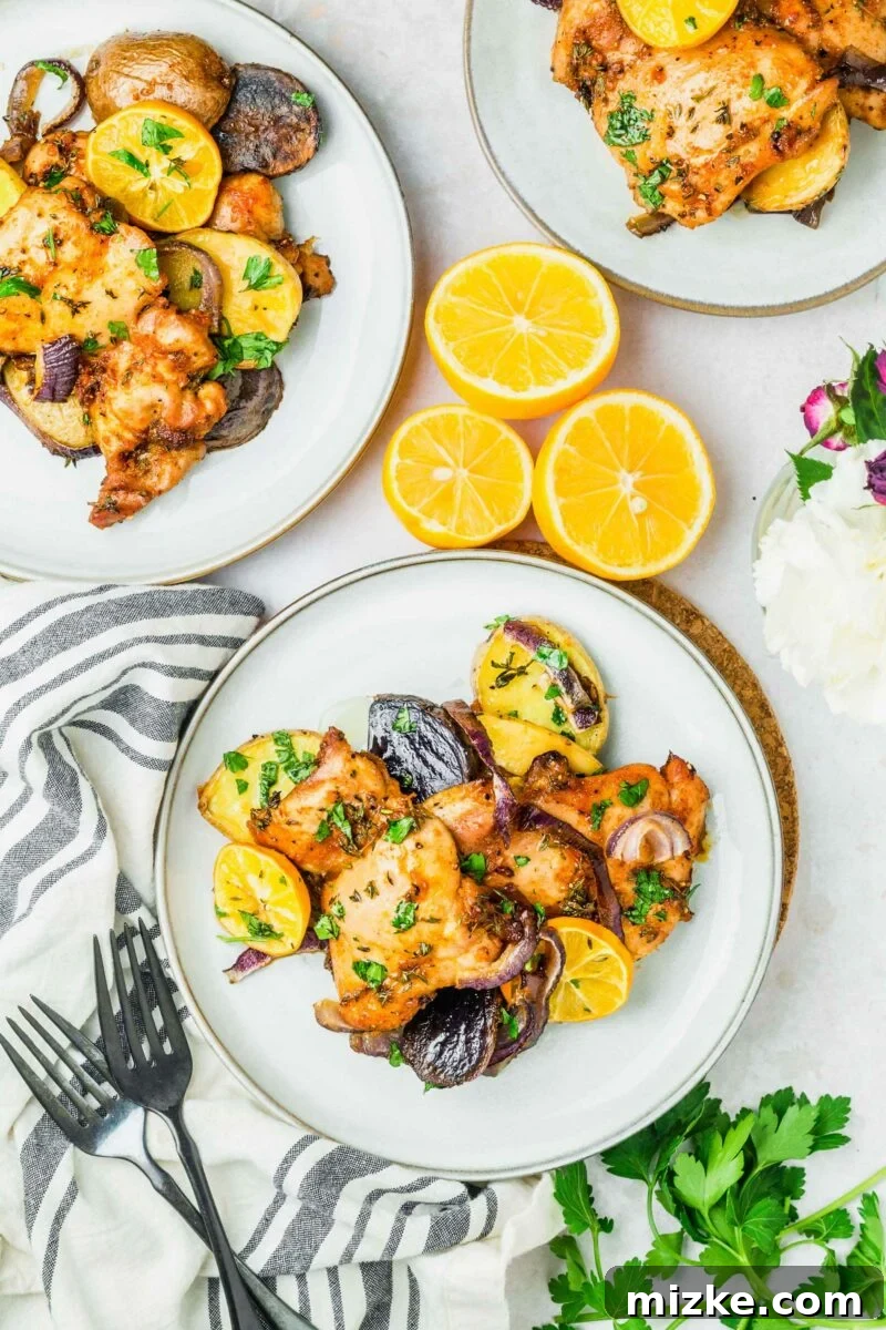 Zesty Meyer Lemon One-Pan Roasted Chicken 4 A beautifully arranged plate featuring Meyer lemon sheet pan chicken, roasted potatoes, and caramelized red onions, ready to be enjoyed.