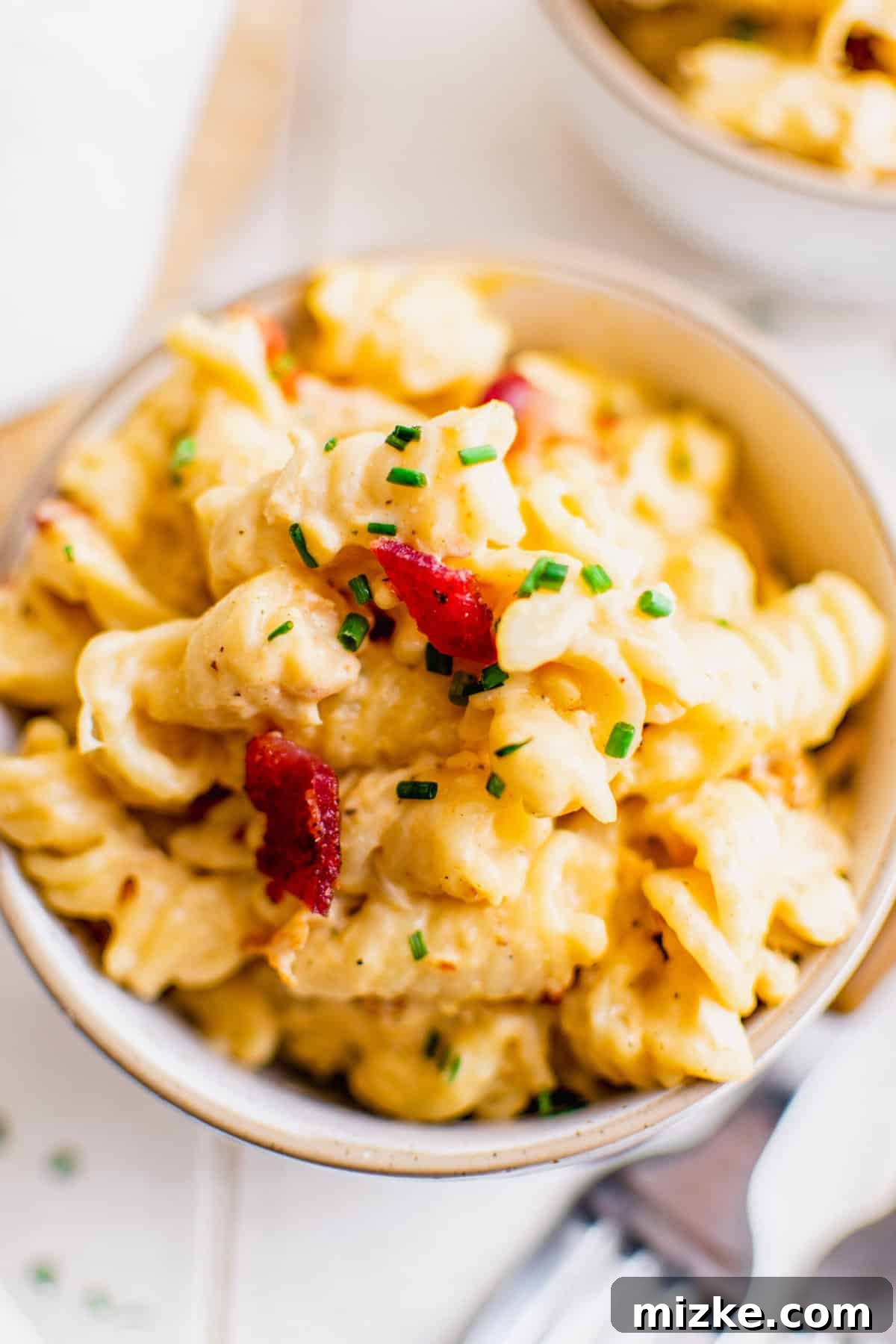 Overhead view of bowl filled with Instant Pot Crack Chicken pasta