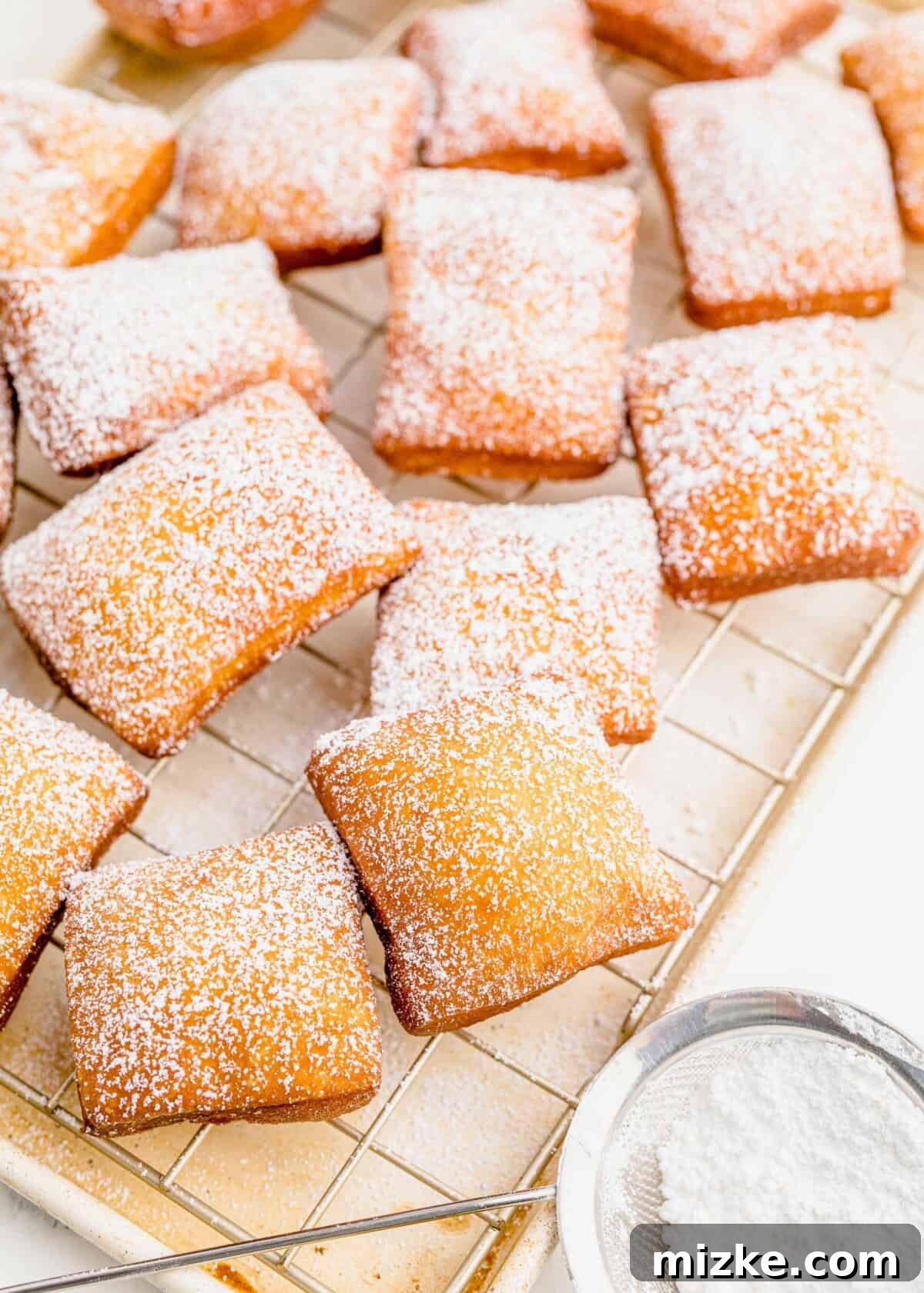 A large batch of freshly fried and powdered beignets cooling on a wire rack.