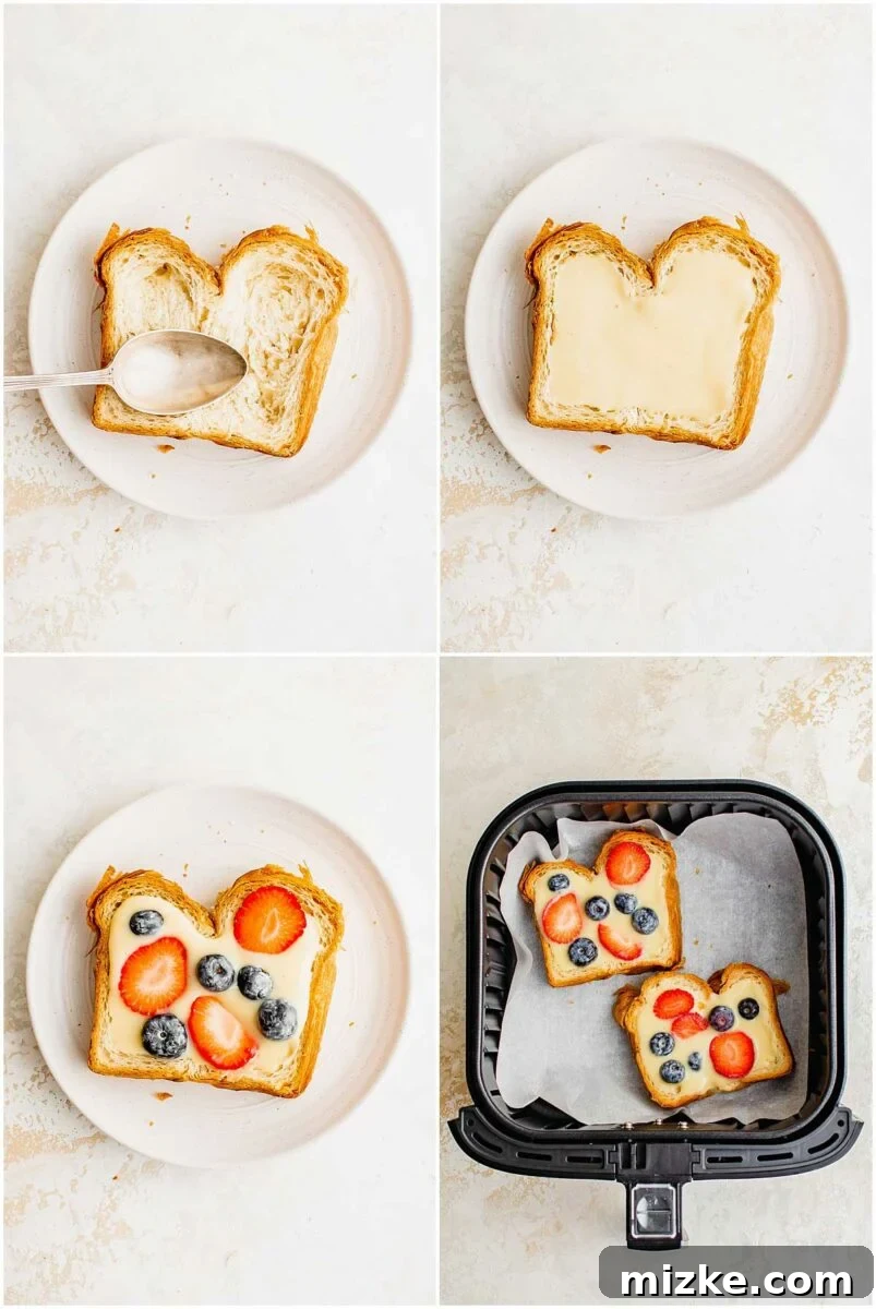 Creamy Yogurt Custard Toast 6 A step-by-step process of making custard toast, from pressing a well in the bread, filling it with custard and berries, to placing it in an air fryer basket.