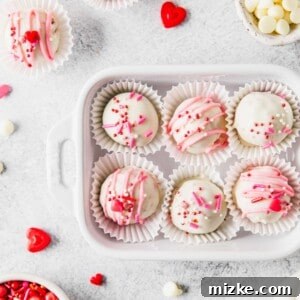 Overhead view of Valentine's Day red velvet truffles in a small decorative dish.
